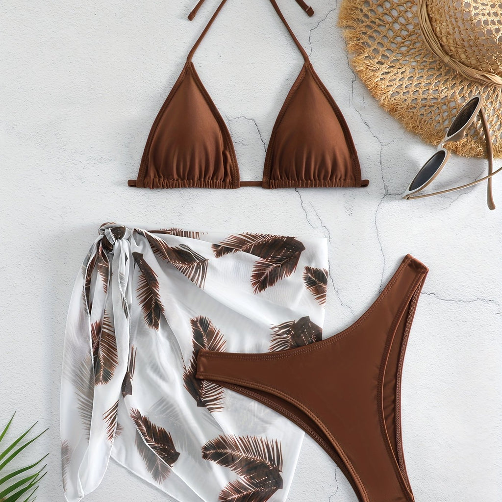 Feather Luxe 3-Piece Bikini Set – Exotic Feather Print Halter Neck Backless Swimsuit with High Cut Tie Back Bottoms and Wrap Cover-Up – Women’s High-Stretch Comfortable Swimwear for Summer Beach & Pool Vacations