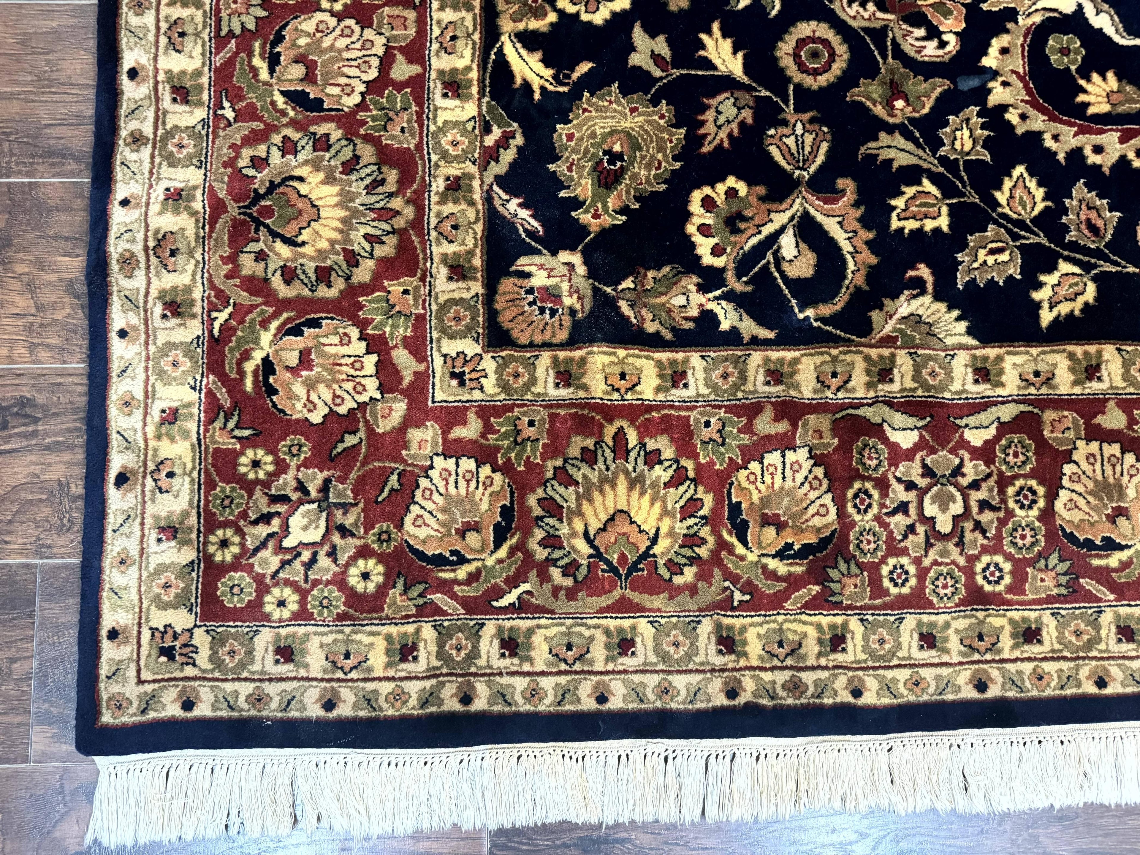 Indo Persian Rug 8x10, Navy Blue and Red, Floral Allover, Hand Knotted Vintage Wool Carpet, Indo Sarouk
