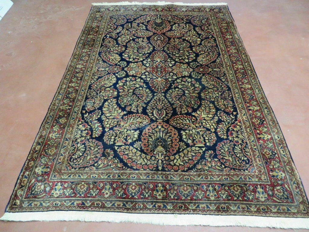 Antique Persian Sarouk Rug 4x6, Hand Knotted 1920s Oriental Carpet 4 x 6 ft, Navy Blue and Red Wool Rug, Handmade Floral Allover Persian Area Rug