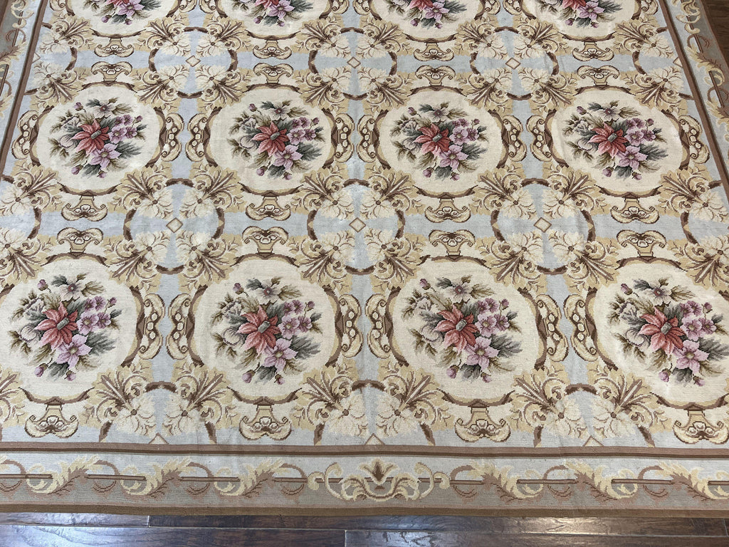Chinese Needlepoint Rug 8x11, Handmade Wool Needlepoint Carpet, Vintage, Sky Blue