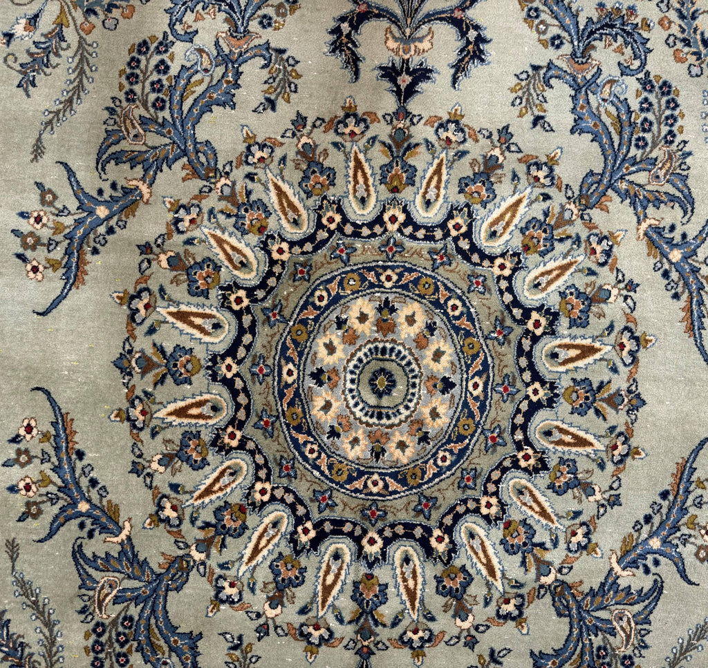 Light Green and Blue Persian Kashan Rug 7x10, Authentic Persian Carpet, Handmade, Wool