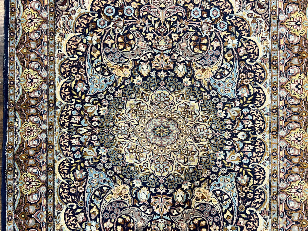 Pak Persian Rug 5x7, Navy Blue Hand Knotted Wool Oriental Carpet 5 x 7 ft, Floral Medallion, Traditional Vintage Pakistani Rug, 225 KPSI