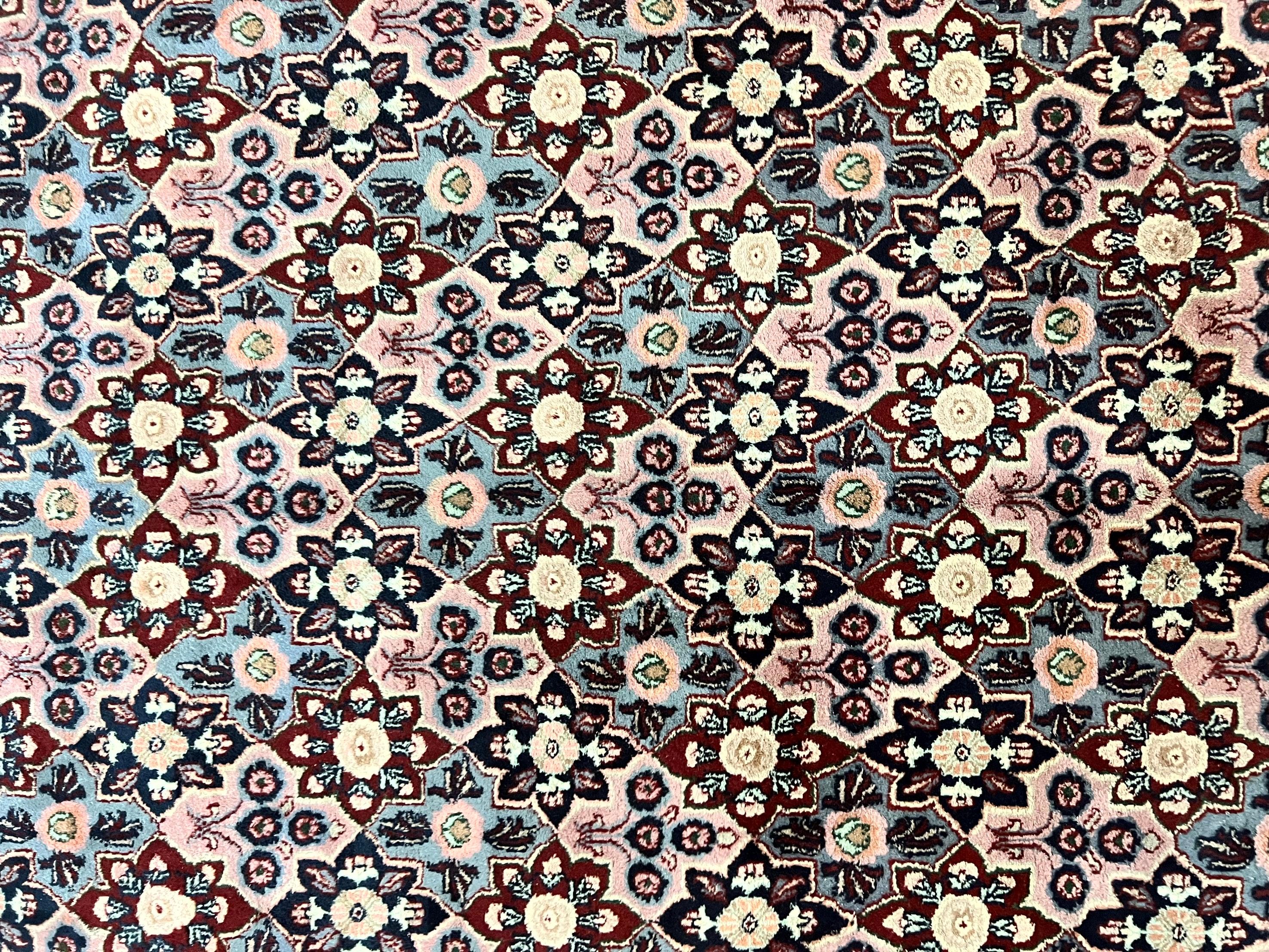 Indo Persian Rug 8x10, Repeated Allover Pattern, Navy Blue Ivory, Handmade Vintage Wool Carpet