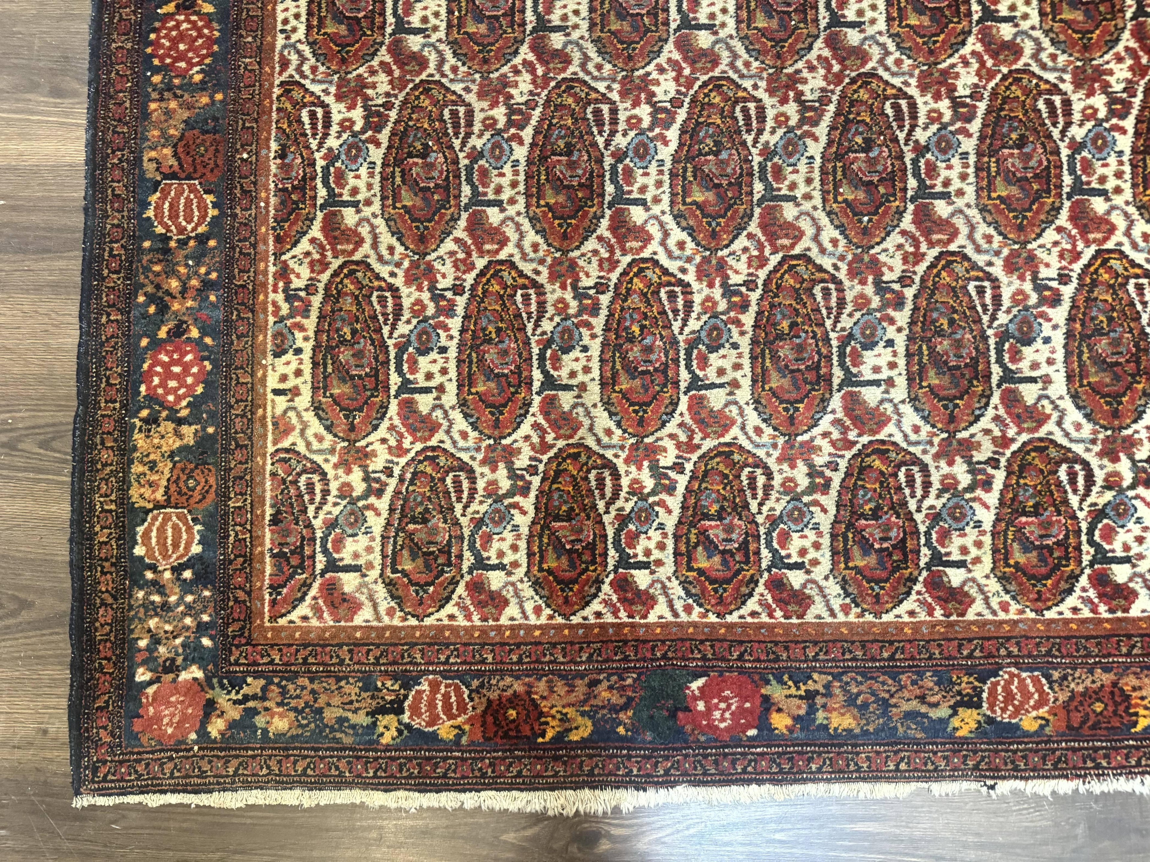 Antique Persian Kurdish Senneh Rug 4.6 x 6.5, Repeated Paisely Boteh Design, Handmade