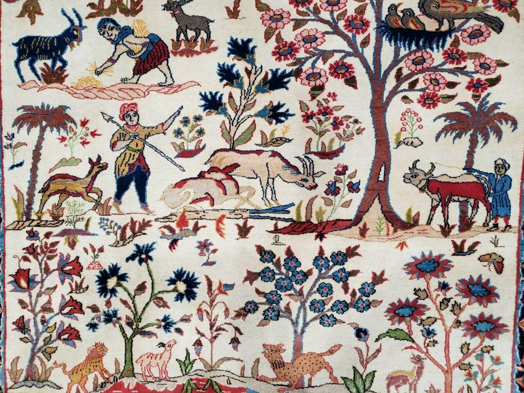 Antique Persian Isfahan Rug 5x7, Animal and Human Pictorials, Hand Knotted Fine Oriental Wool Carpet, Cream and Red, High KPSI, Vintage Rug 5 x 7 ft