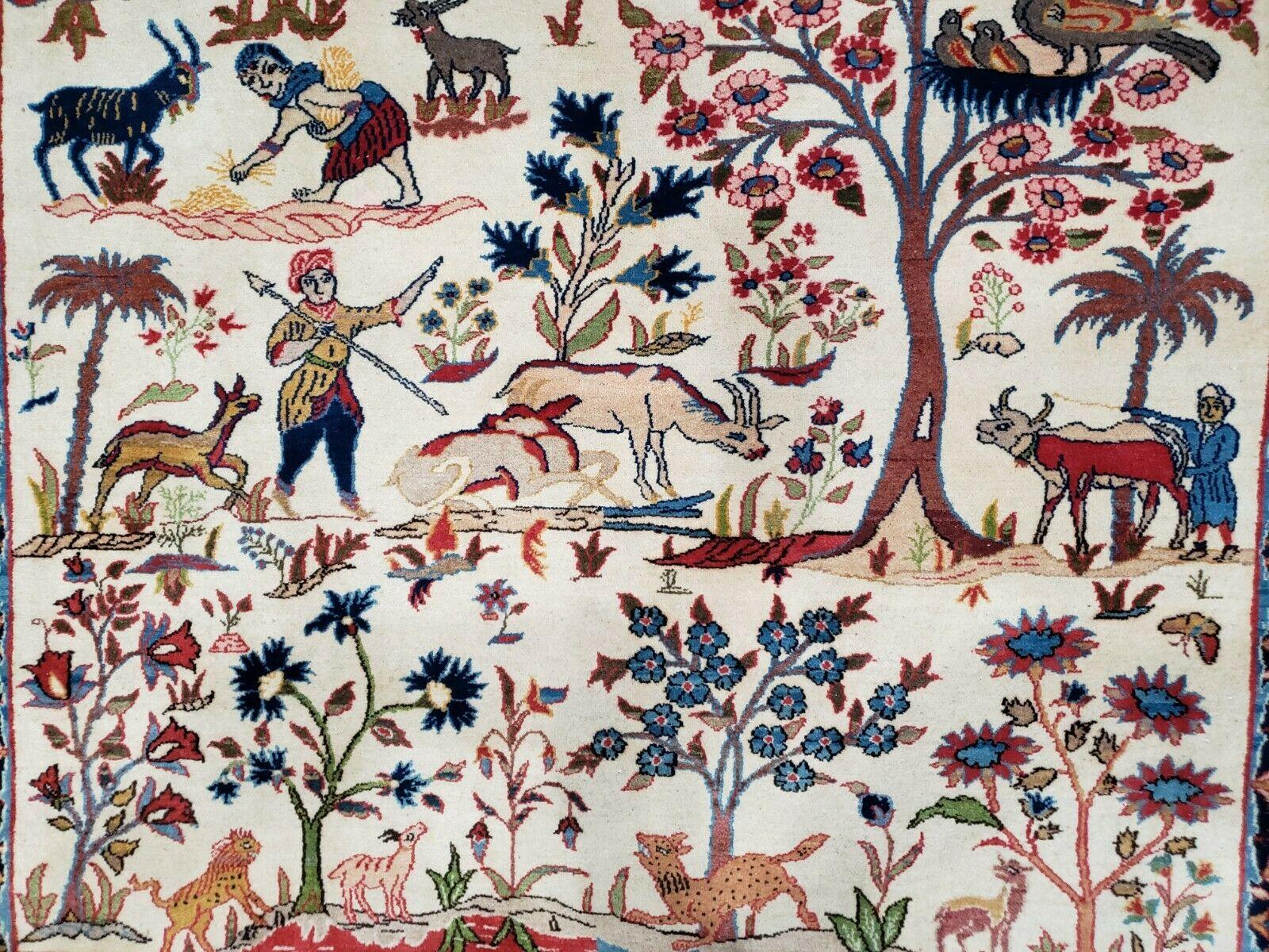 Antique Persian Isfahan Rug 5x7, Animal and Human Pictorials, Hand Knotted Fine Oriental Wool Carpet, Cream and Red, High KPSI, Vintage Rug 5 x 7 ft
