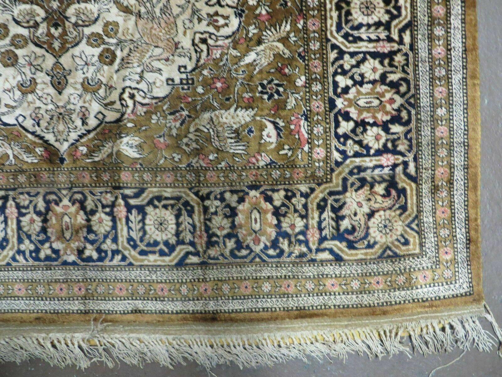 Handmade Silk Rug 3x5, Vintage Antique Silk Carpet, Hand-Knotted Oriental Rug 3 x 5, Animal Motifs, Deer Birds, One-Of-A-Kind