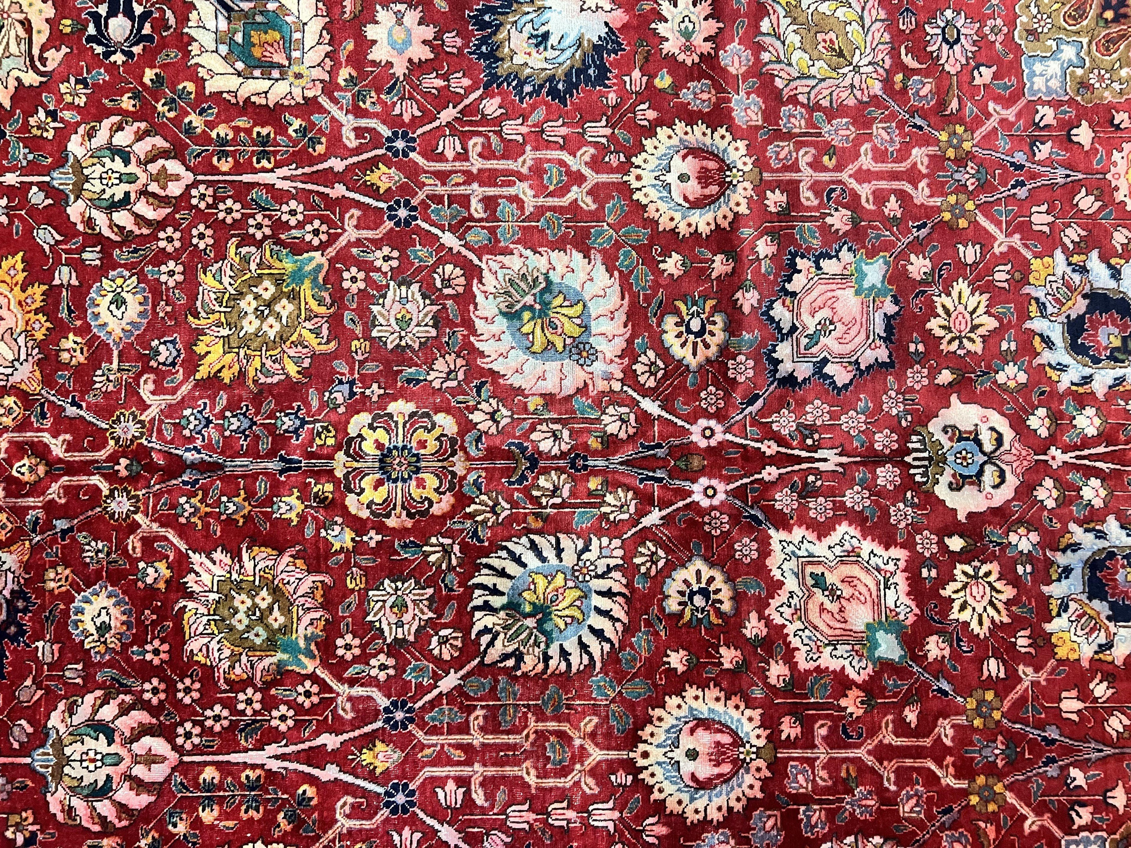 Persian Tabriz Rug 10x12, Floral Allover, Handmade Vintage Wool Carpet, Red and Cream