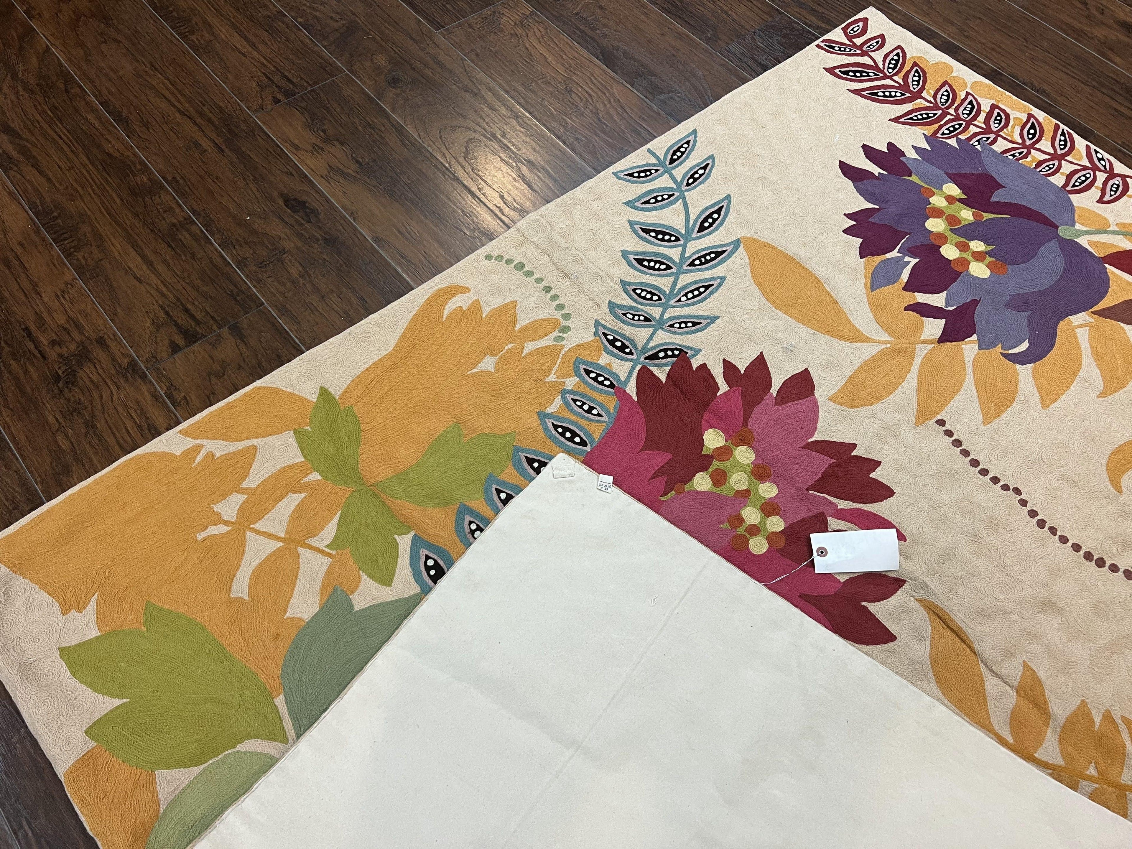Indian Chain Stitched Rug 4x6, Hand Stitched Indian Embroidery Carpet, Large Floral Design, Contemporary, Cream and Colorful Flowers, Wool