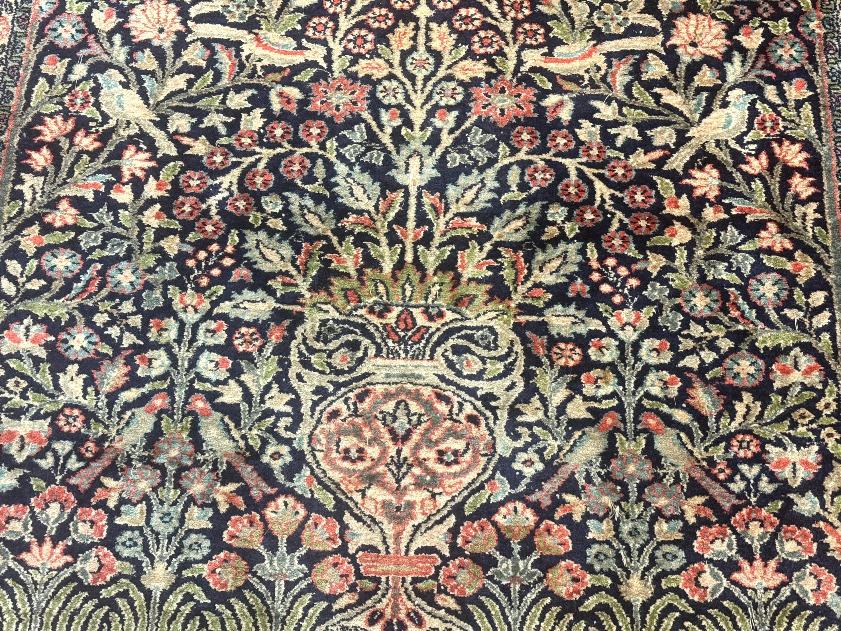 Silk Indian Kashmiri Rug 4x6, Tree of Life Pattern, Birds, Fine 290 KPSI, Navy Blue and Red, Handmade Oriental Carpet