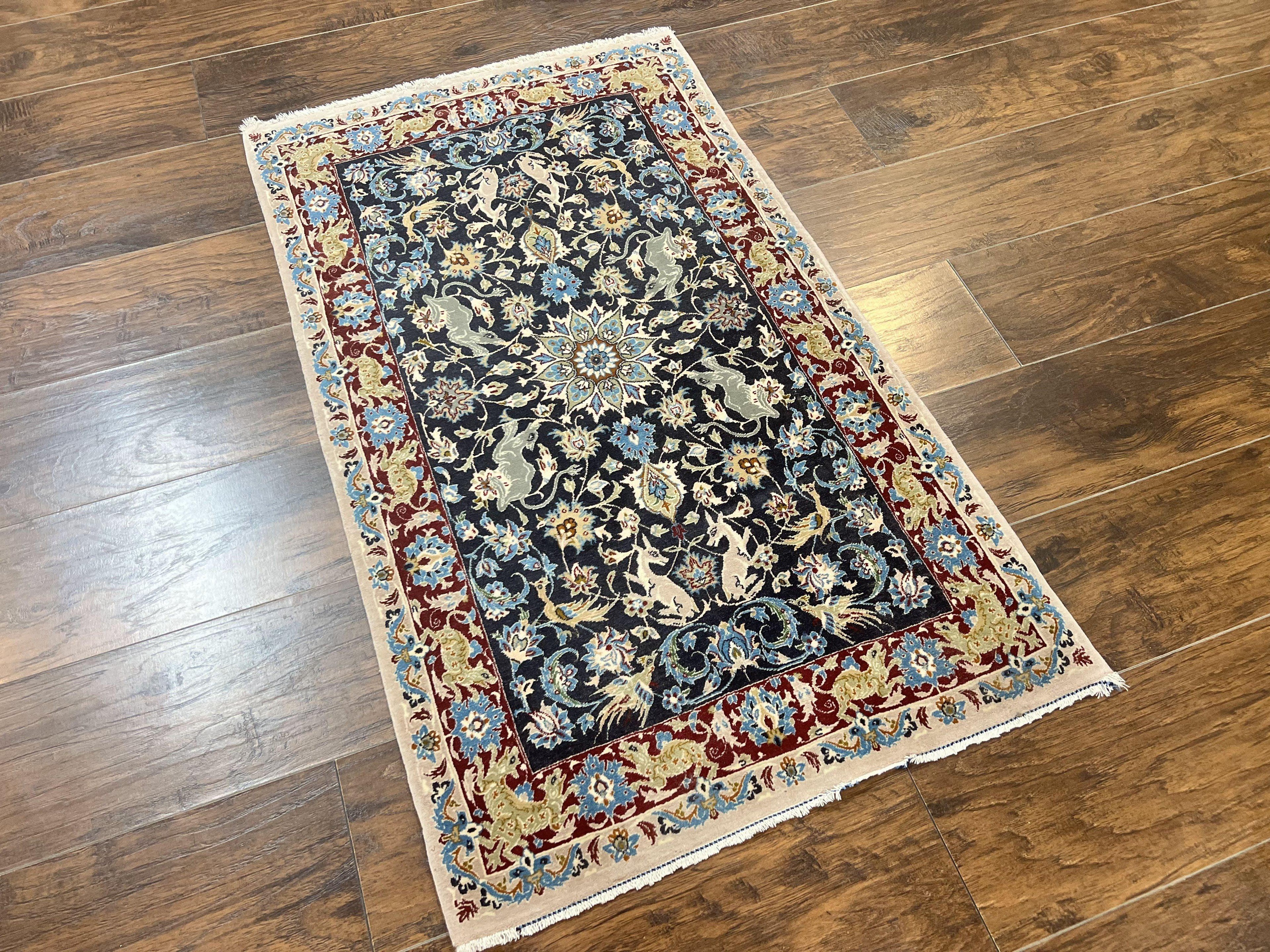 Wonderful Persian Isfahan Rug 2.4 x 4, Animal Pictorials Deer, Floral, Handmade Vintage Navy Blue Small Persian Carpet, Very Fine 430 KPSI Kork Wool