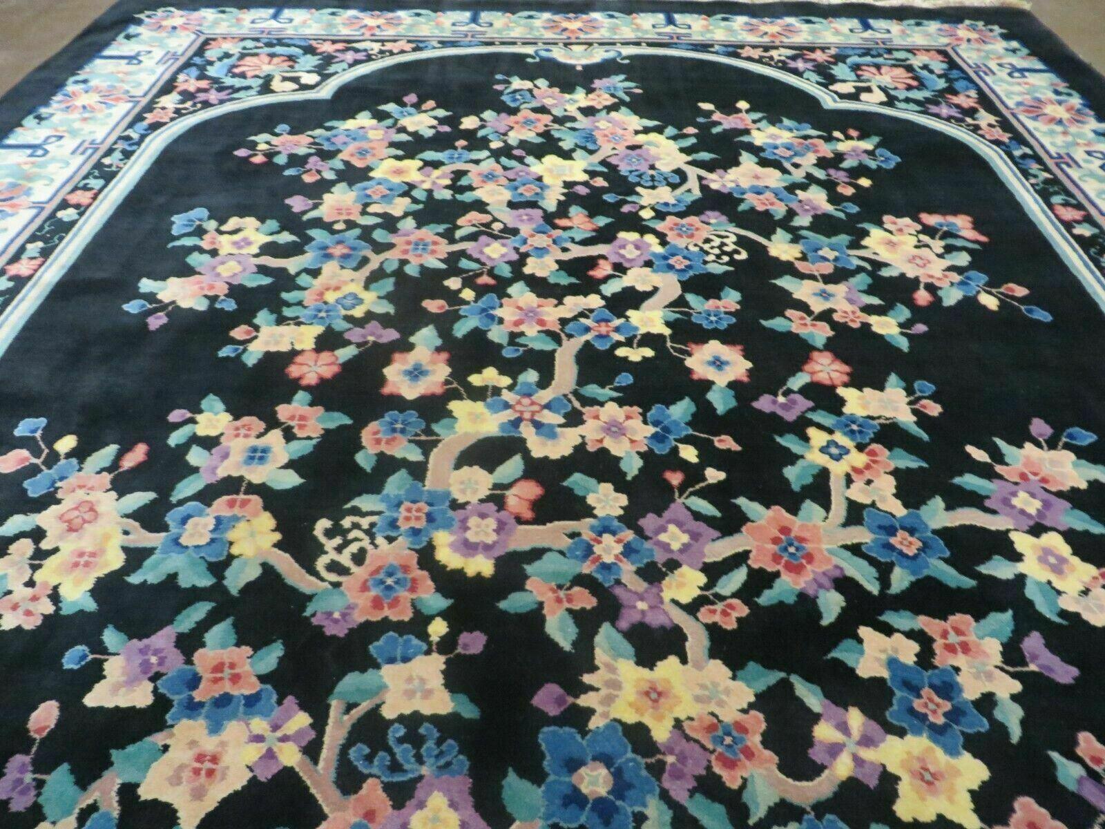 Black Chinese Wool Rug 8x10, Art Deco Floral Carpet, Soft Plush Pile