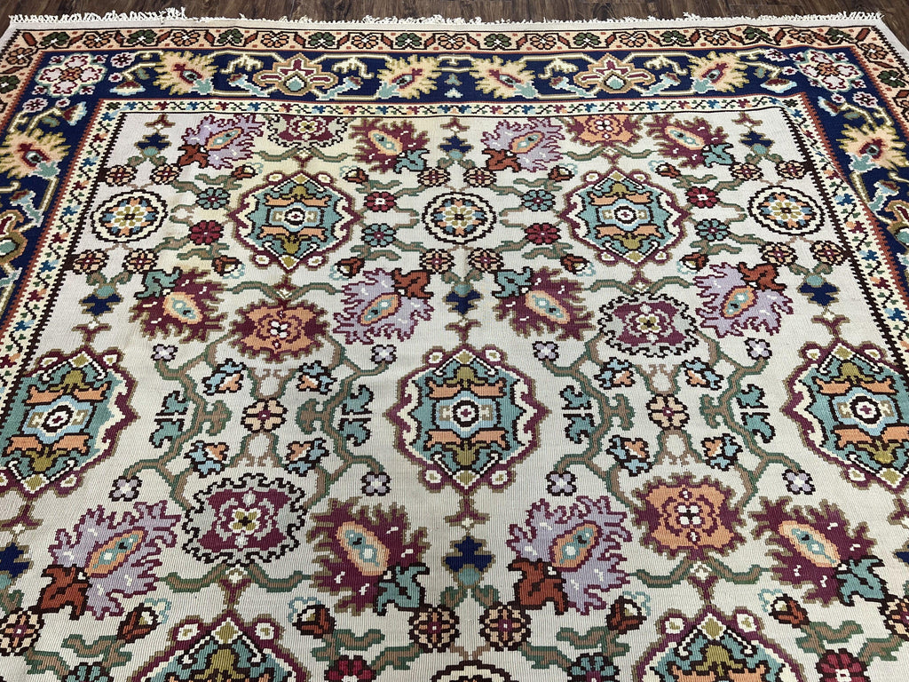 Antique Turkish Kilim Rug 7x10 Allover Pattern, Ivory Cream Maroon Light Blue, Wool Flatweave Hand Woven, Large Kilim, Vintage Kilim Carpet