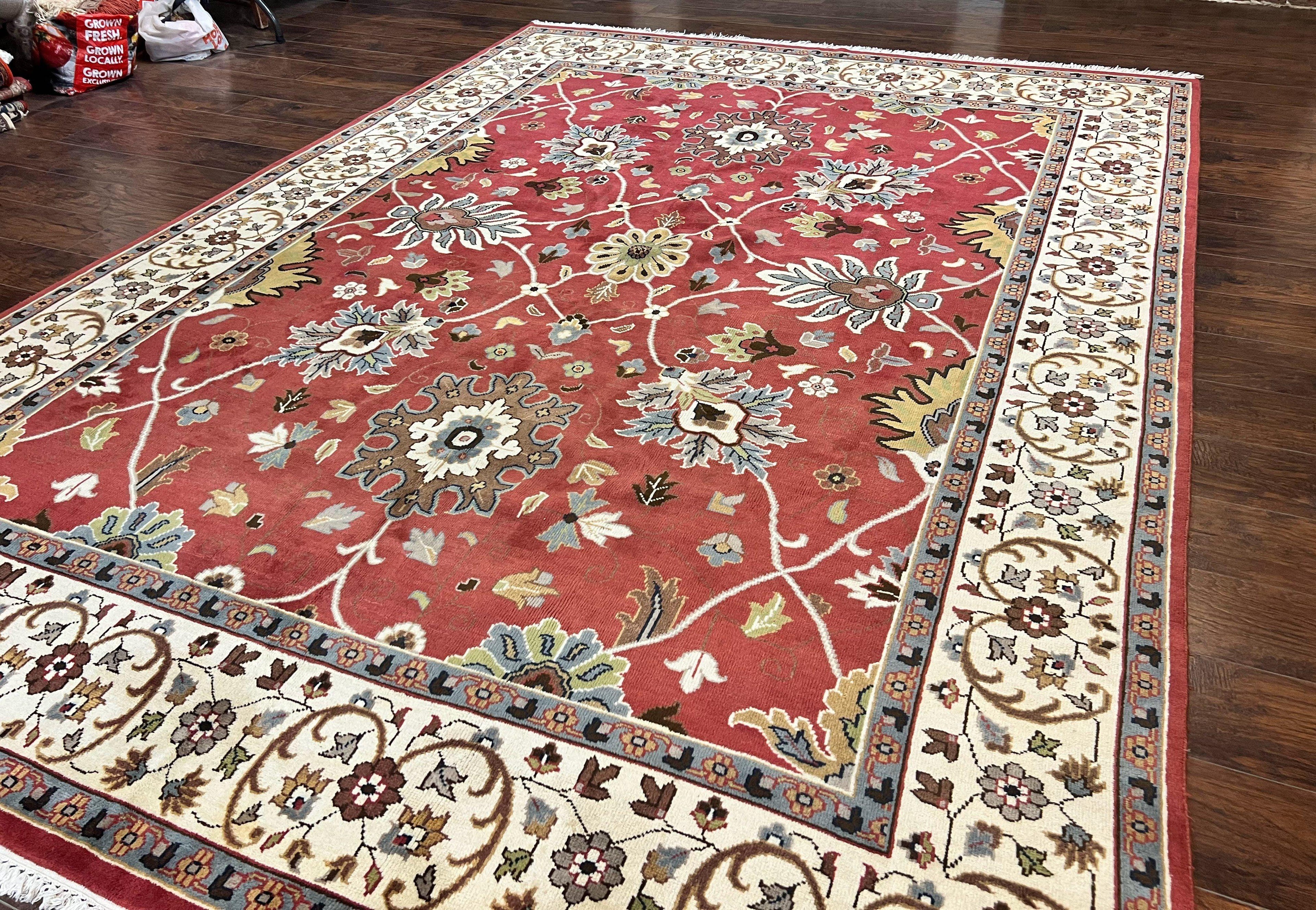 Indo Persian Rug 9x12, Wool Hand Knotted Vintage Carpet, Red & Ivory, Floral Allover, 9 x 12 Room Sized Rug