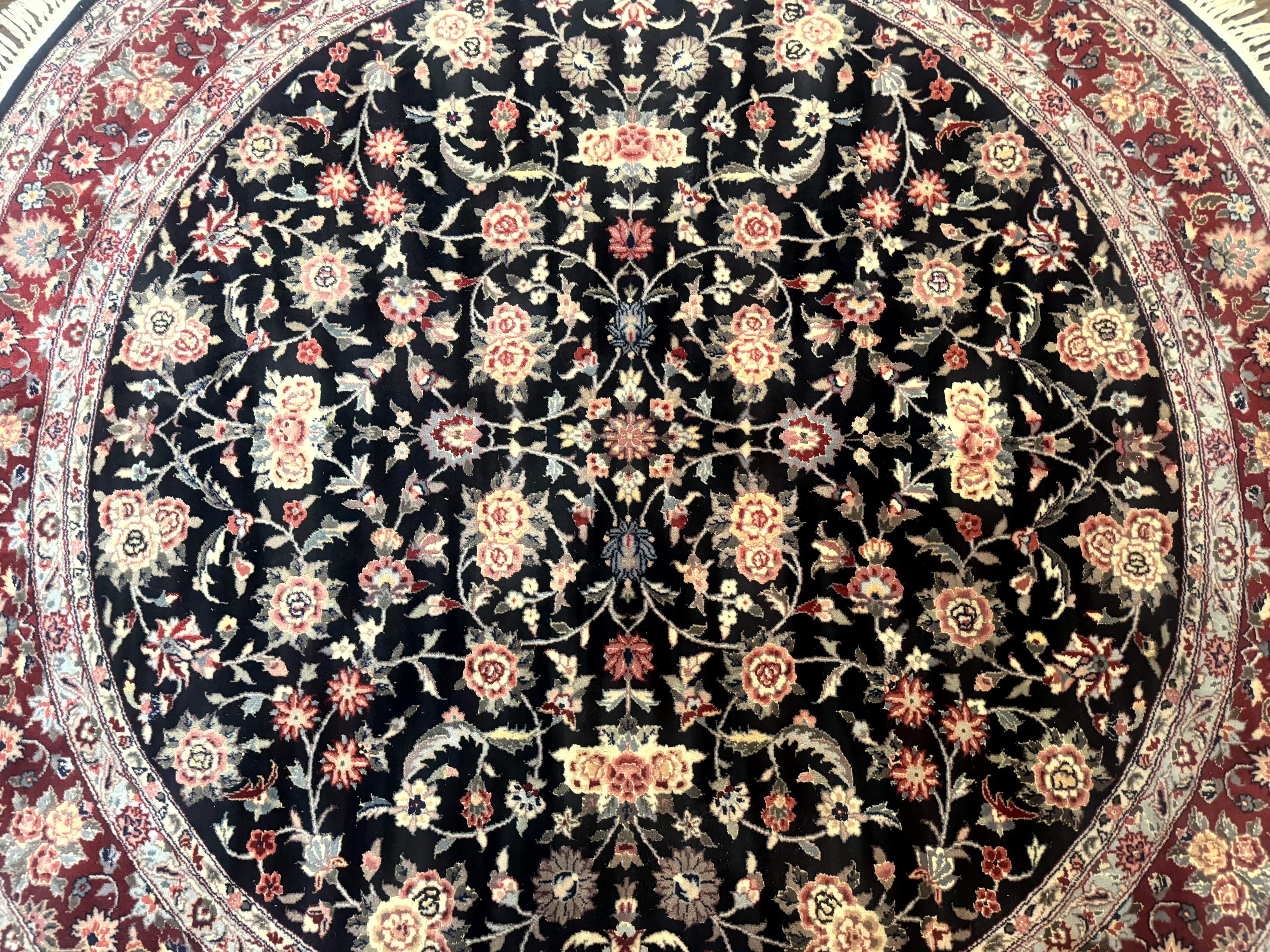Round Sino Persian Rug 6x6, Floral, Navy Blue and Red, Wool and Silk Highlights