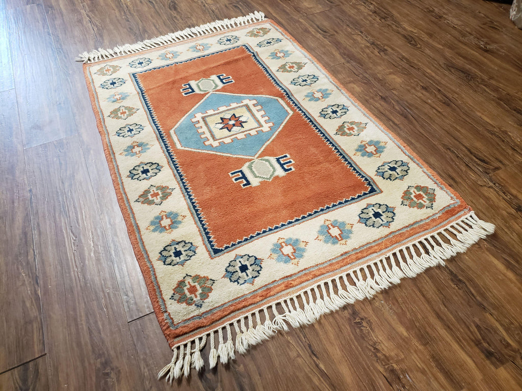 3x5 Handmade Vintage Turkish Area Rug Wool Kazak Carpet 3'1"x4'5" Red Beige