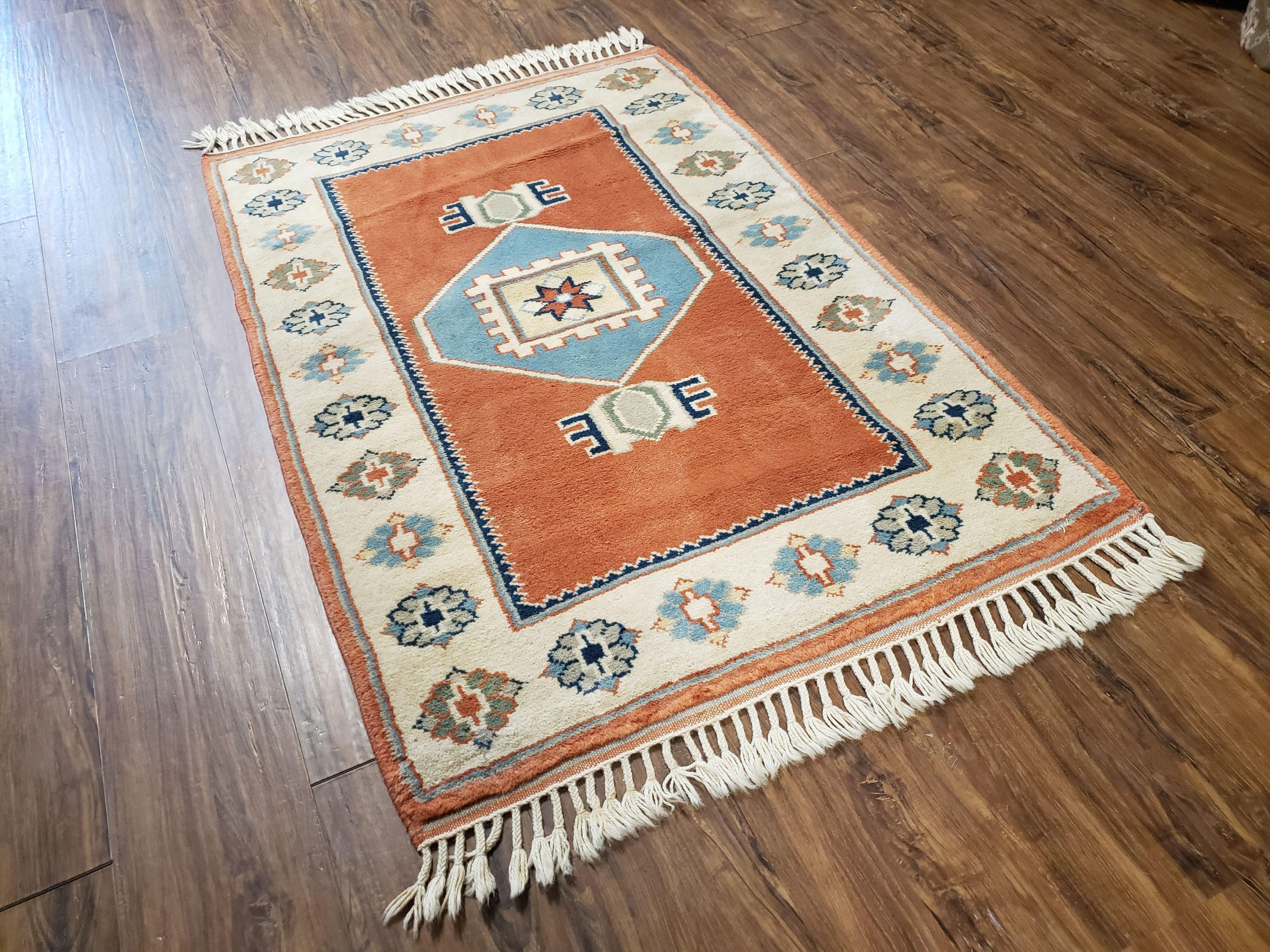 3x5 Handmade Vintage Turkish Area Rug Wool Kazak Carpet 3'1"x4'5" Red Beige