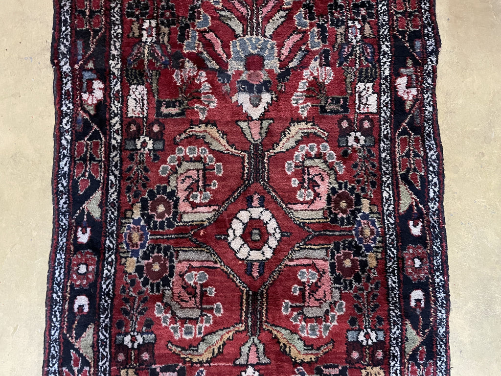 Antique Persian Hamadan Runner Rug 3.4 x 9, Red, Handmade Wool Runner