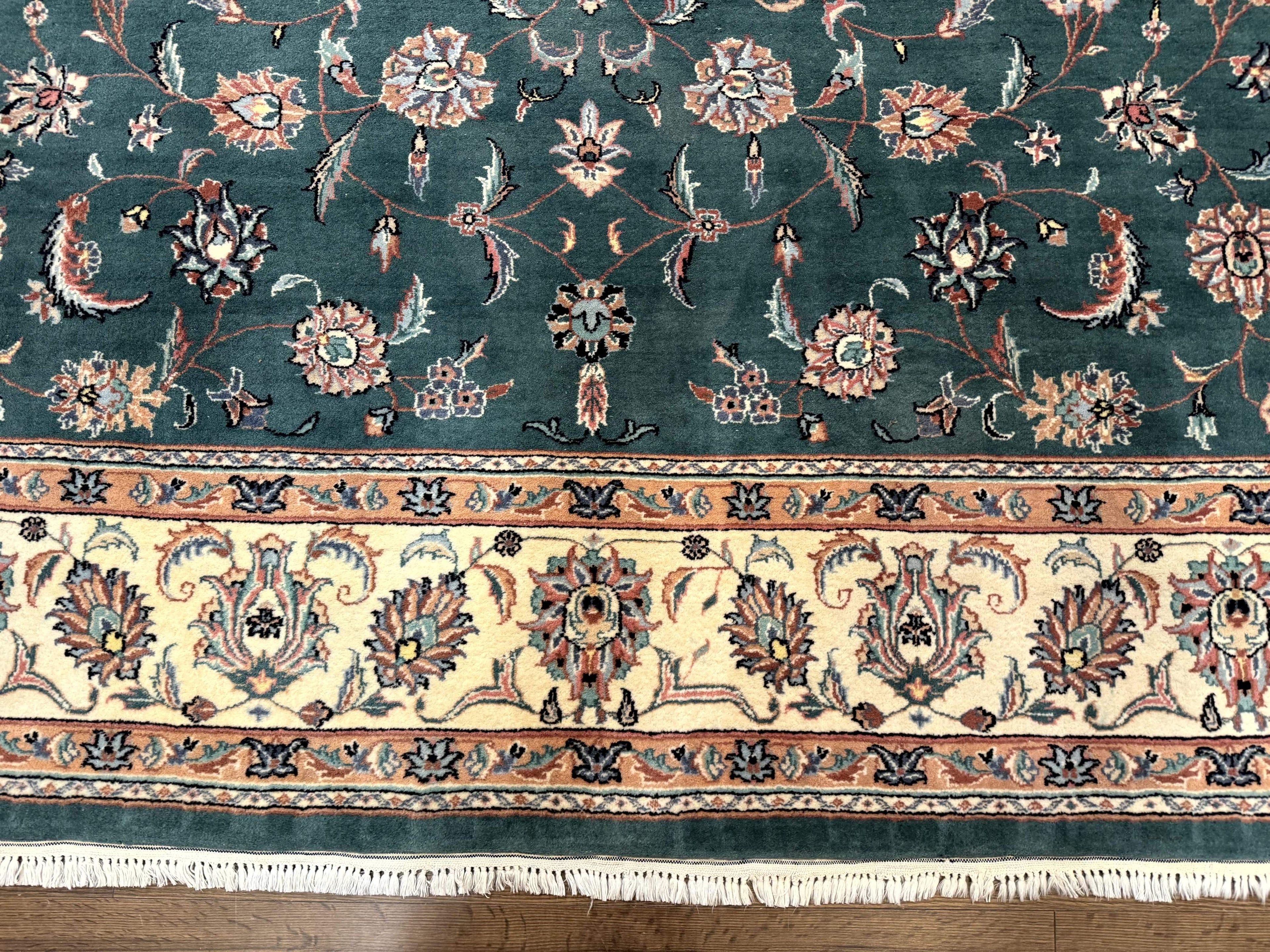 Indo Persian Rug 8x10, Green and Beige Oriental Carpet, Traditional Wool Area Rug, Floral Allover Pattern