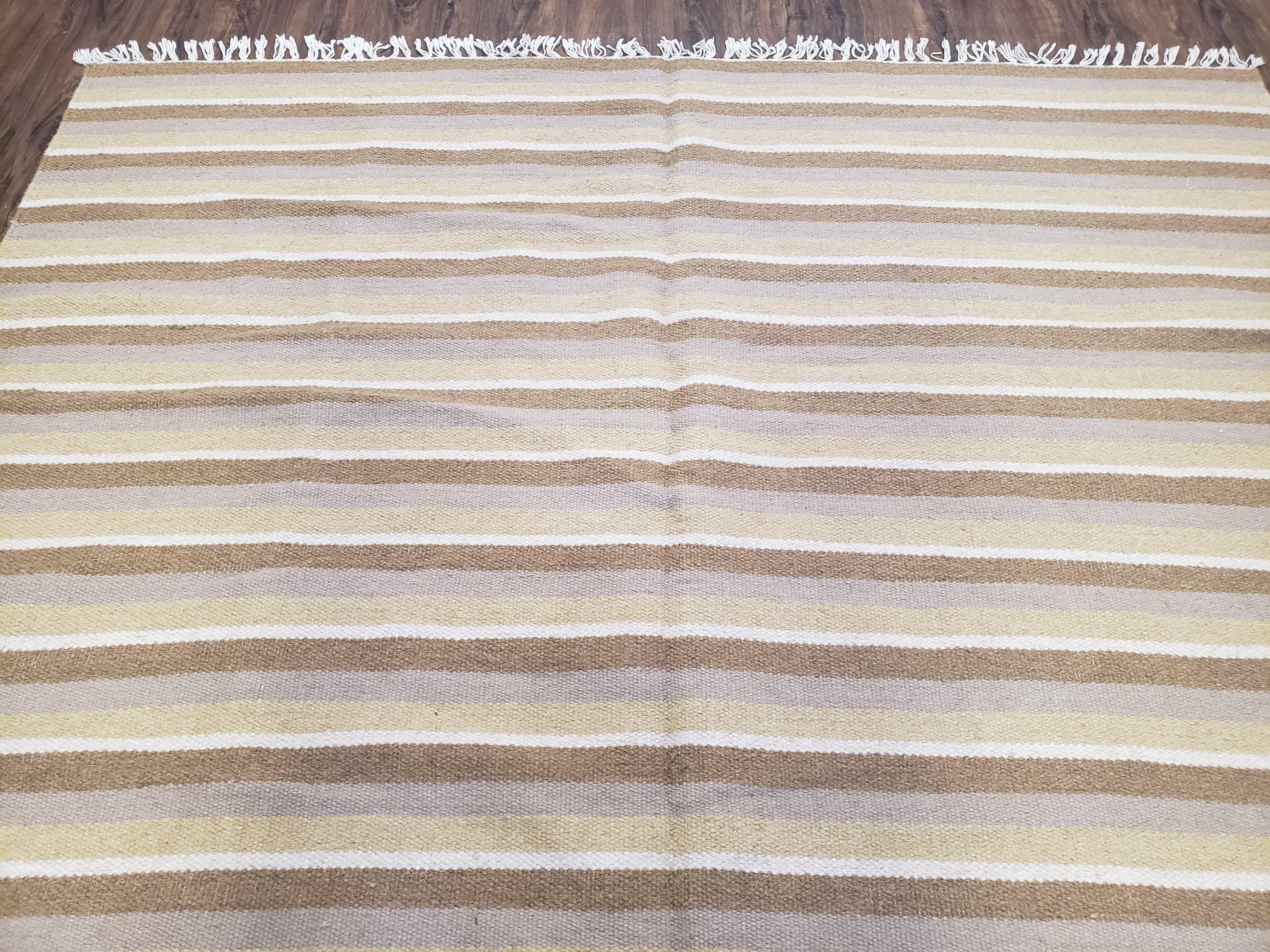 New Indian Striped Blanket, Multicolor Earthern Tones Kilim Rug, Wool Handmade South American Style Blanket, Queen Sized Bedspread 5x8 - 6x8
