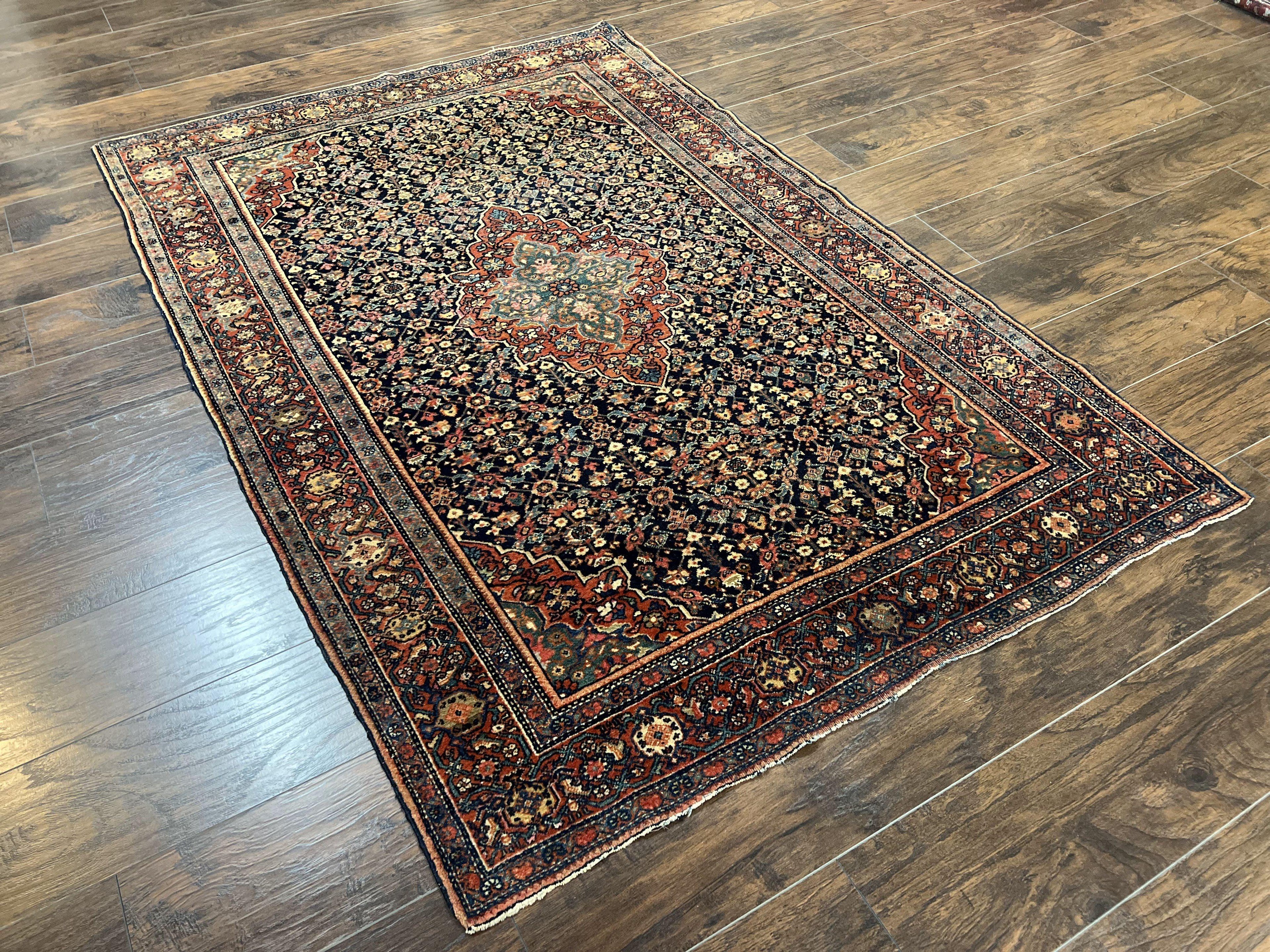 Persian Rug 4x7 Antique Sarouk Farahan Carpet, Navy Blue and Red Wool Rug