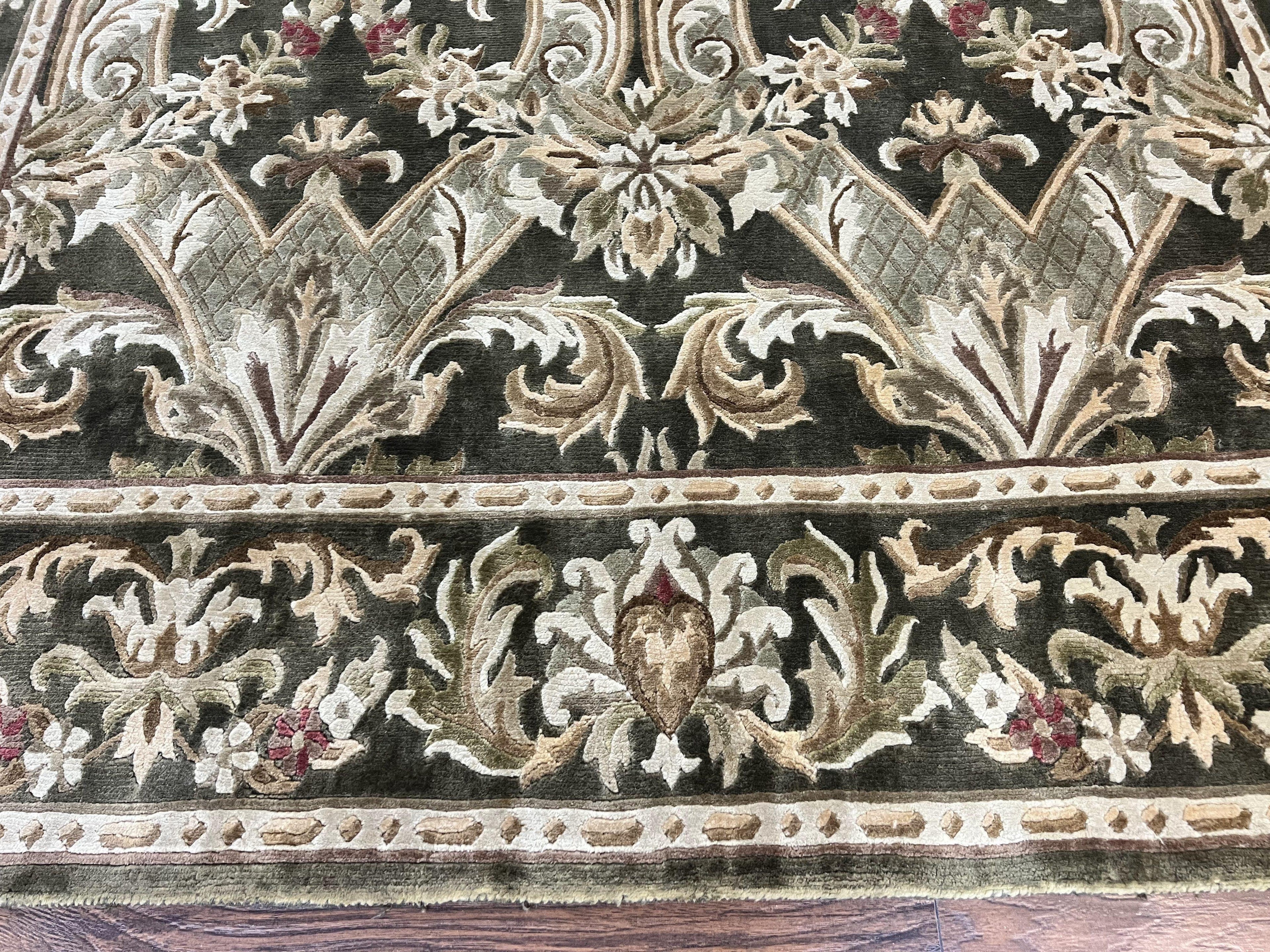 Tibetan Rug 8x10, European Design, Floral, Green, Handmade, Wool, Nepali Rug