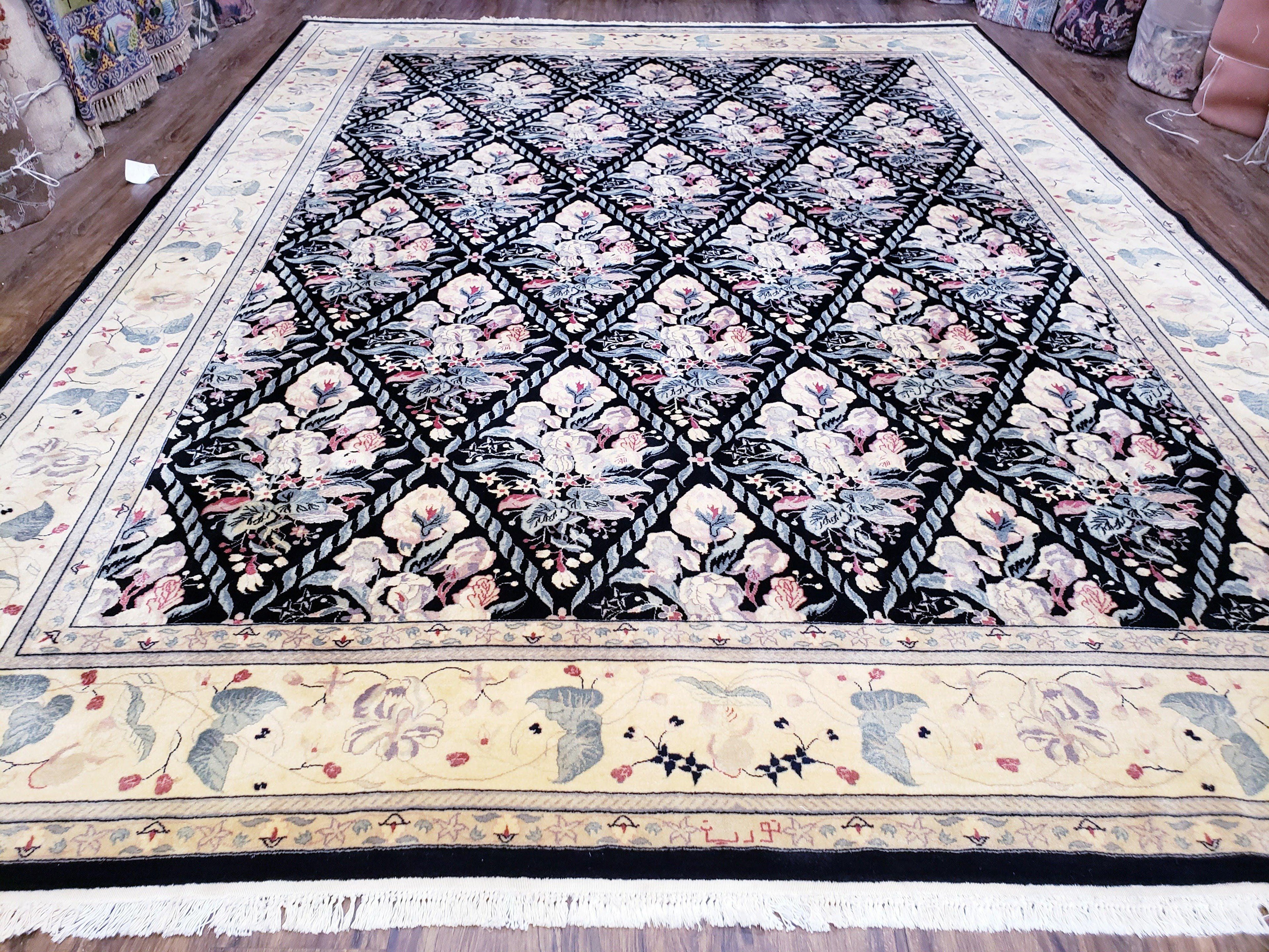 Sino-Persian Kirman Rug 9x12 Floral Handmade Wool Carpet Black & Ivory Vintage
