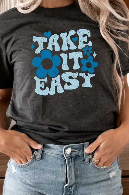 Take It Easy Floral And Hearts Spring Graphic Tee T-Shirt