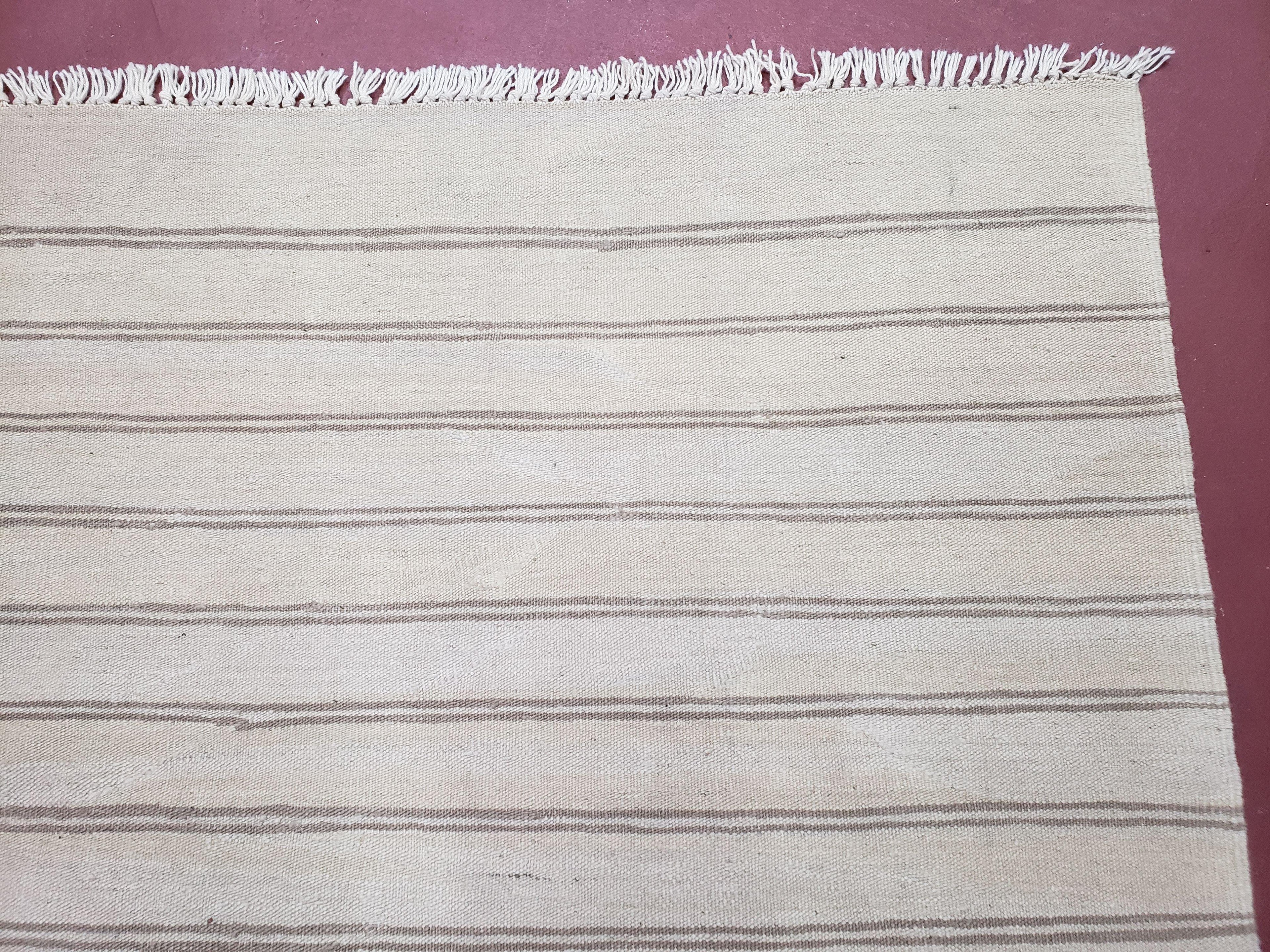 New Striped Turkish Kilim Area Rug 4x6 ft, Hand-Knotted, Wool, Light Gray, Earth Tone Decor, Flatweave Kilim, Two Toned Rug, Southwestern