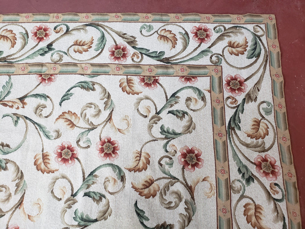 Needlepoint Rug 9x12, European Aubusson Design, Floral Allover Garden Pattern, New Needlepoint Area Rug, Ivory Rug, Hand Woven, Flatweave
