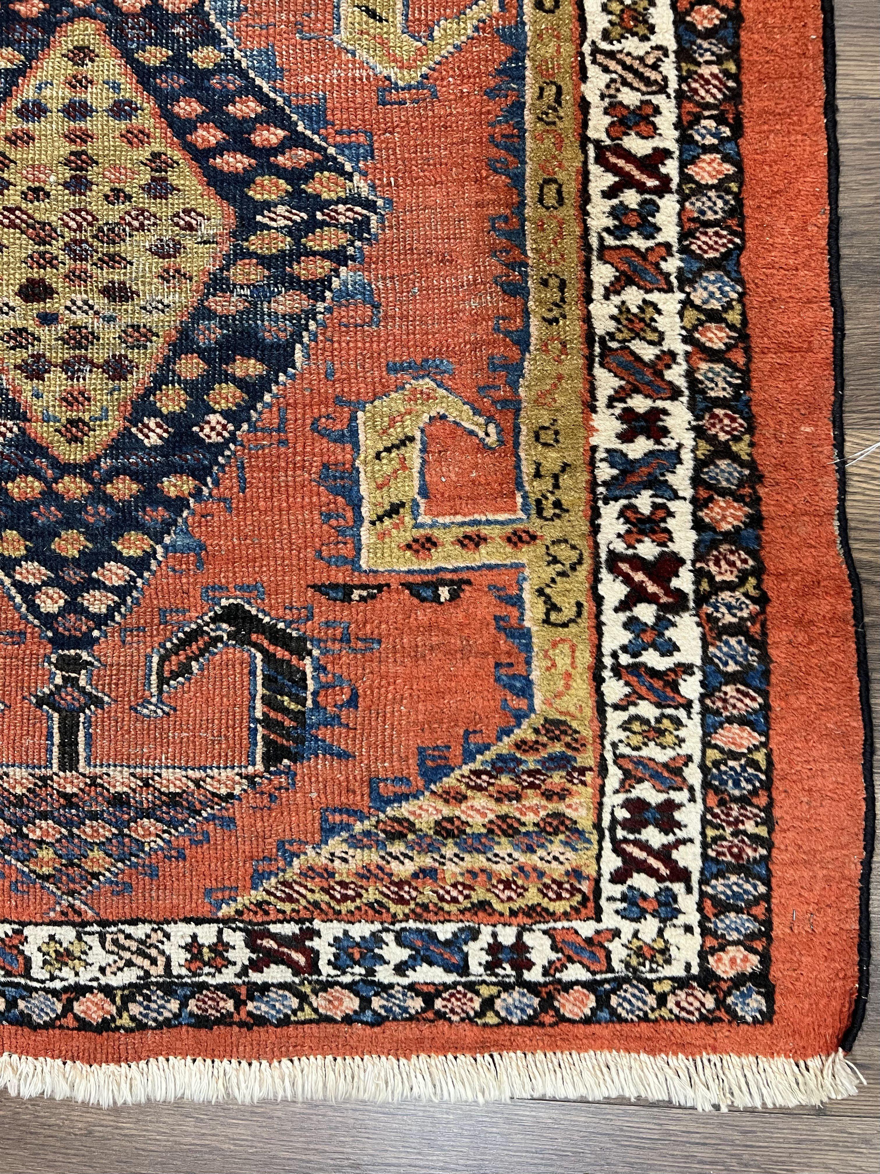 Rare Persian Tribal Runner Rug 3 x 11, Sarab Serab Persian Runner, Antique 1920s Collectible Geometric Medallions Oriental Wool Runner, Hand Knotted, Bright Orange-Red