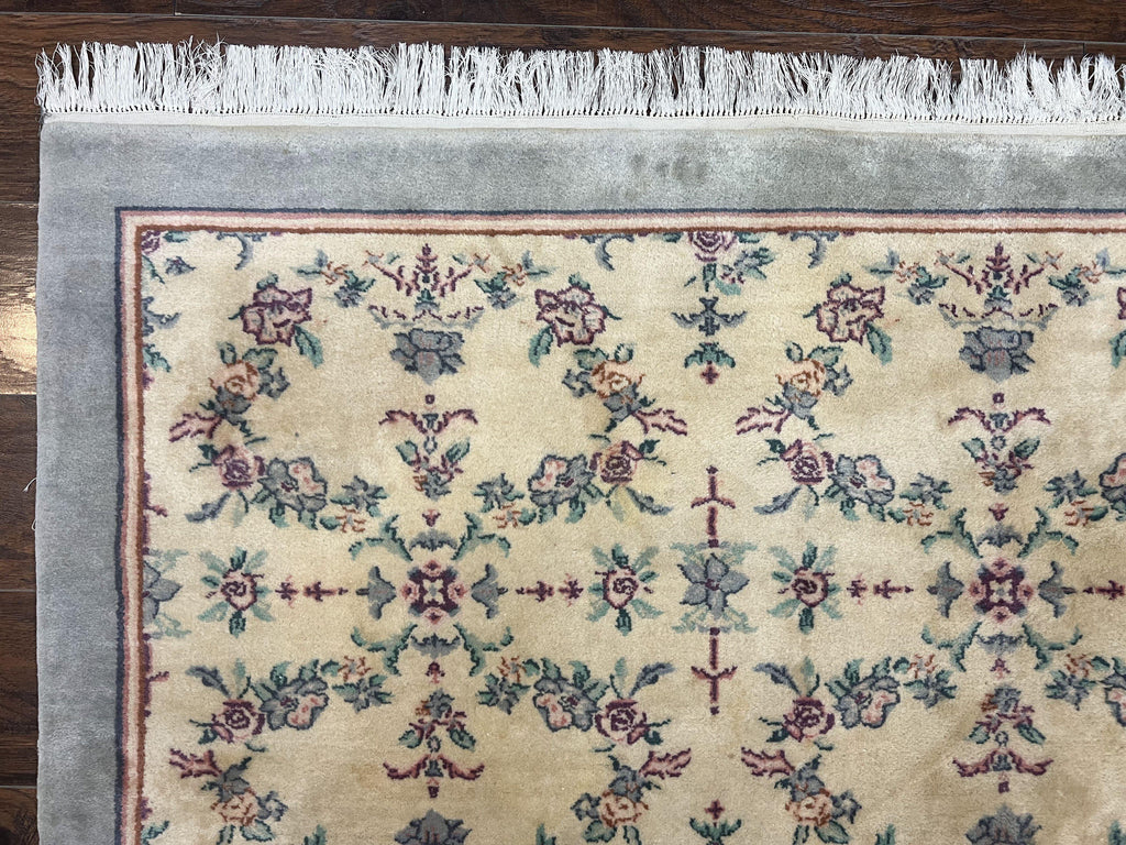 Sino Persian Rug 8x10, Floral, Oatmeal and Light Teal, Handmade Wool Vintage Carpet