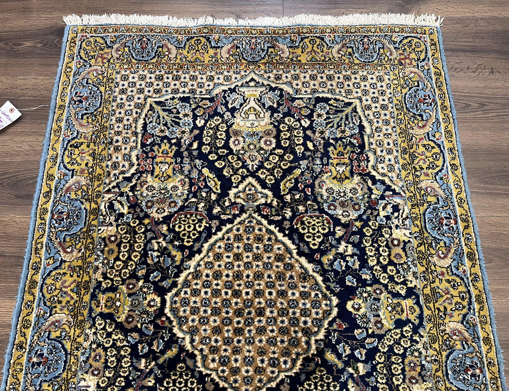 Fine Persian Qum Rug 3x5, Semi Antique Vintage Oriental Ghom Carpet, Floral Medallion, Highly Detailed, Hand Knotted, Navy Blue, Wool Area Rug, Birds