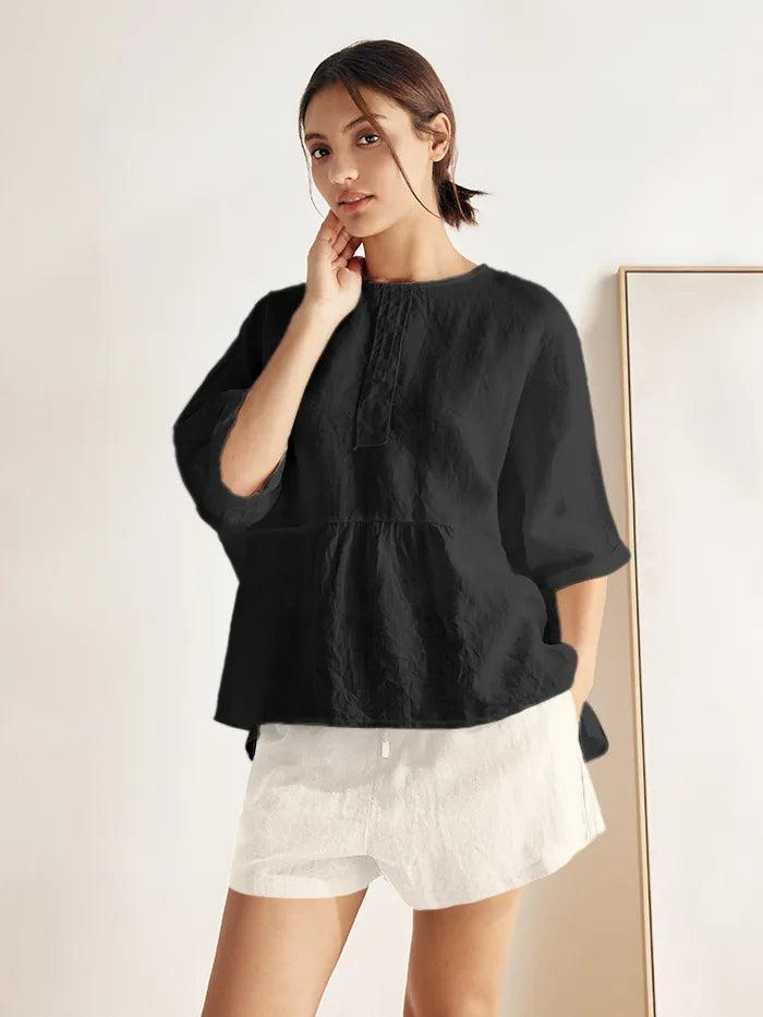 100% Linen Round Neck Mid-Sleeve Top ROBYN