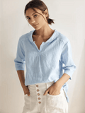 100% Linen Shawl V-Neck Half Sleeve Top JADE