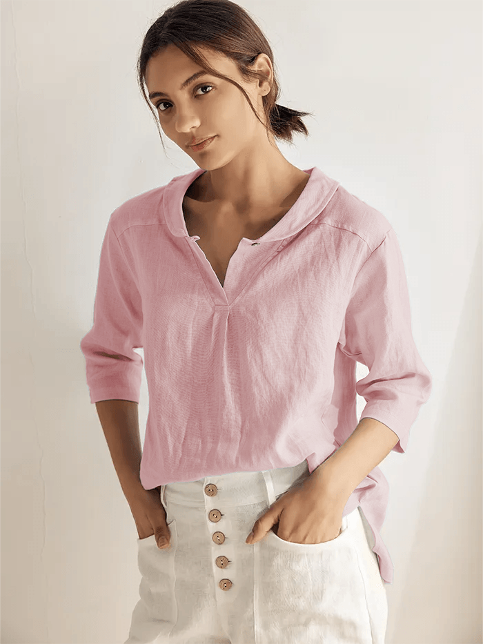 100% Linen Stripe Shawl V-Neck Half Sleeve Top JADE