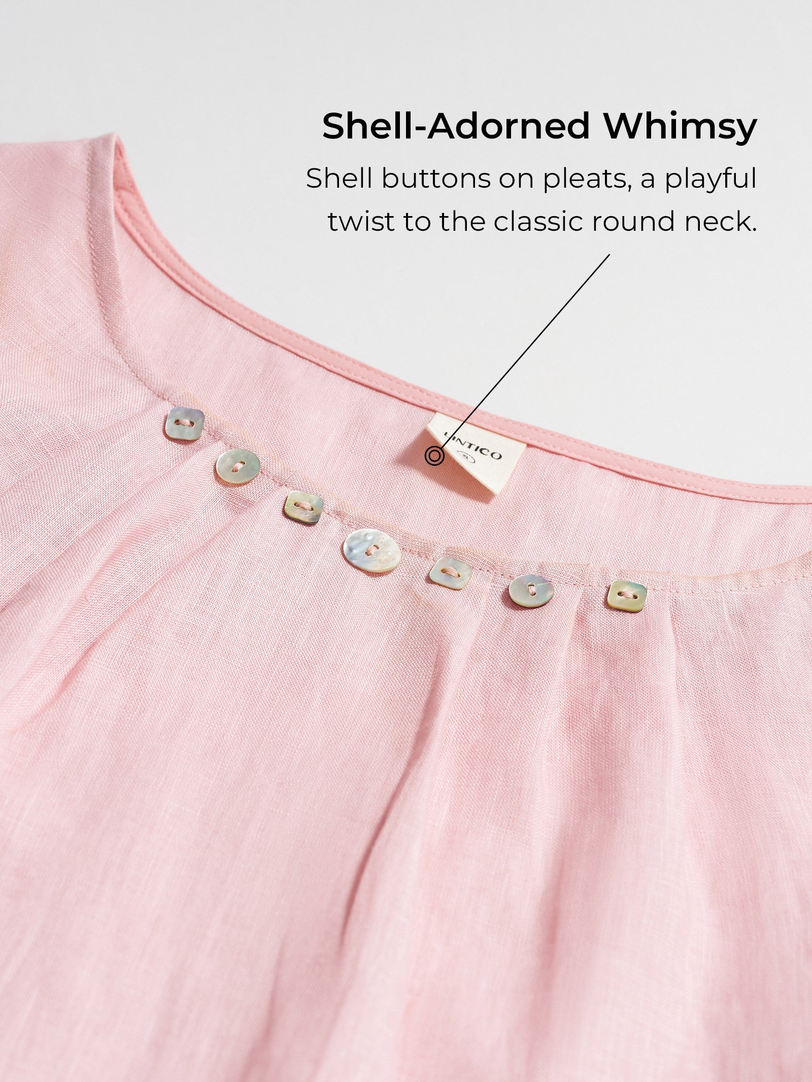 100% Linen Shell Button Pleated Crew Neck Top RENA