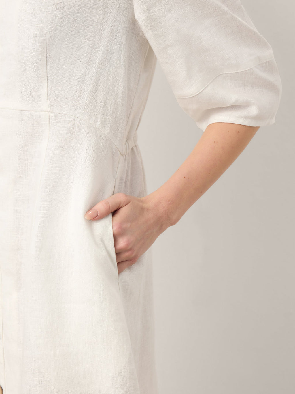 100% Linen Button-Front Lantern Sleeve Elasticated Waist Midi Dress LINNEA