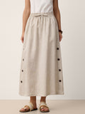 100% Linen Button-Trim Slit Skirt ASTRA