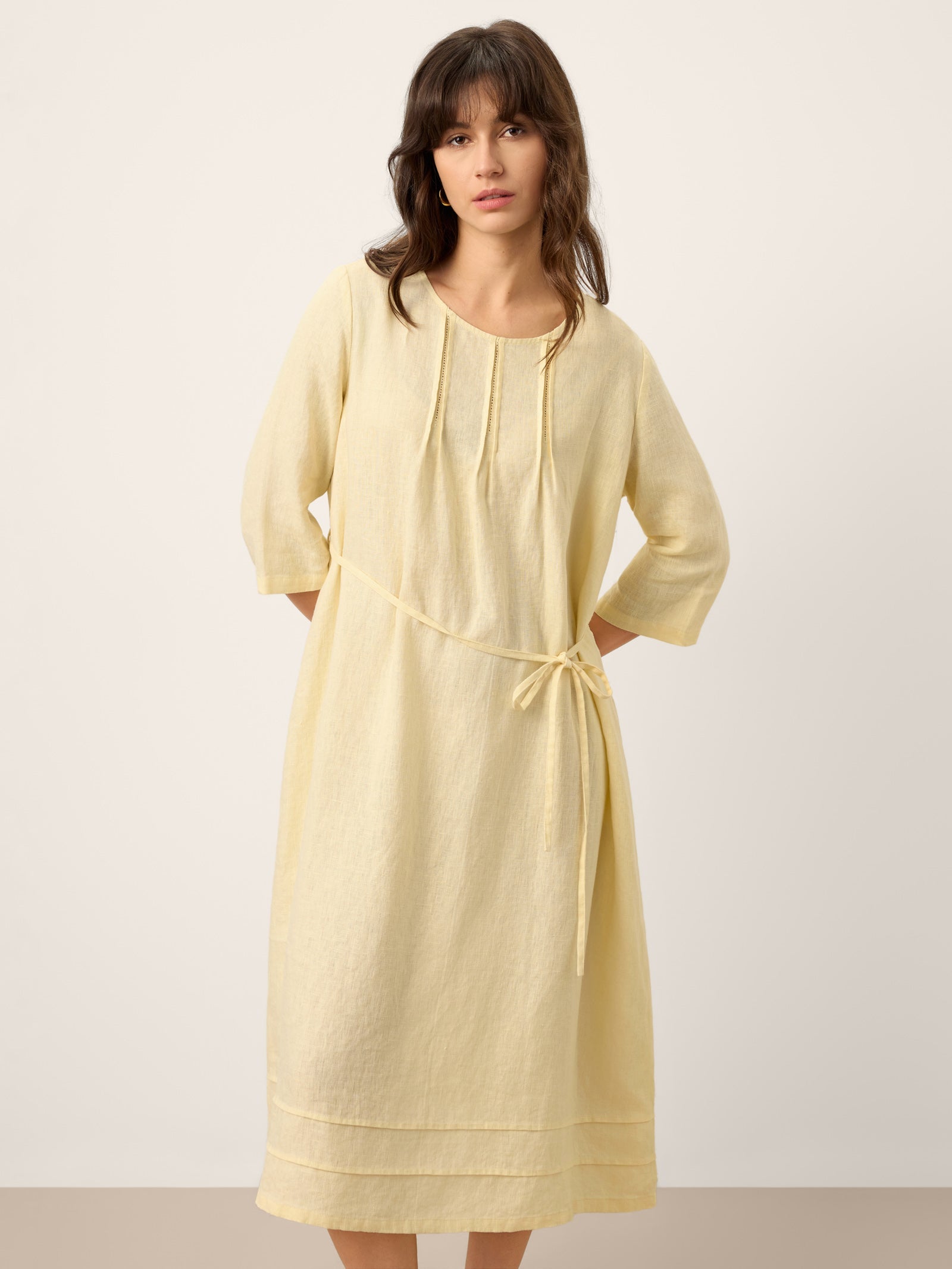 100% Linen Pintucked Embroidered Adjustable Belt Tiered Maxi Dres VERENA