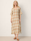 100% Linen Plaid Deep V-Neck Drop Shoulder Side Slit Maxi Dress LESLIE