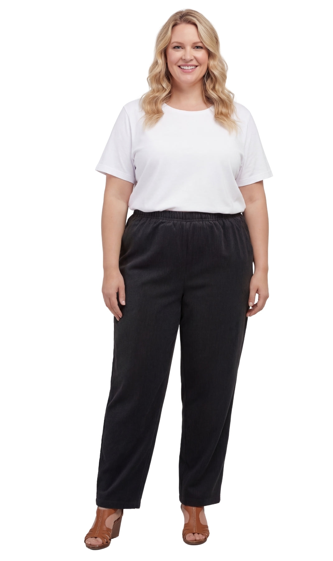 Womens Pull On Fine Wale Corduroy Pants with soft-covered elastic waist