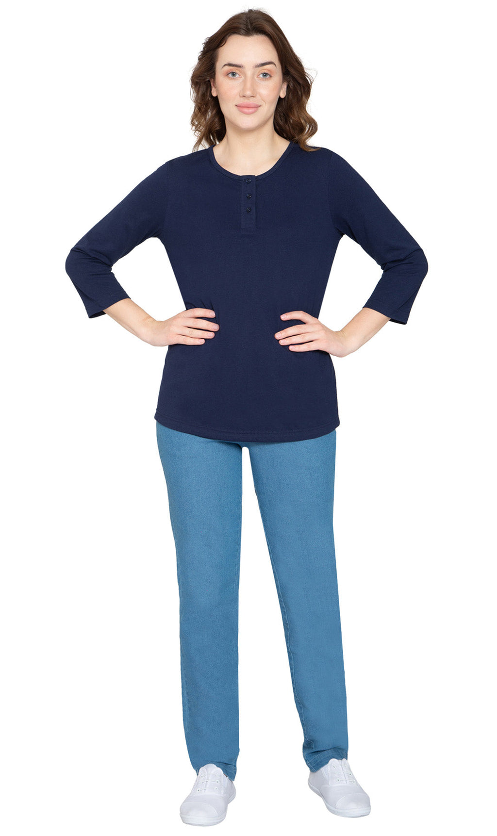 Women's 3/4 sleeves Henley in Cotton Blend with Button Placket