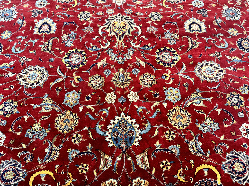 Pak Persian Rug 9x12, Red and Navy Blue, Floral Allover, Hand Knotted Vintage Wool Carpet, Fine 260 KPSI
