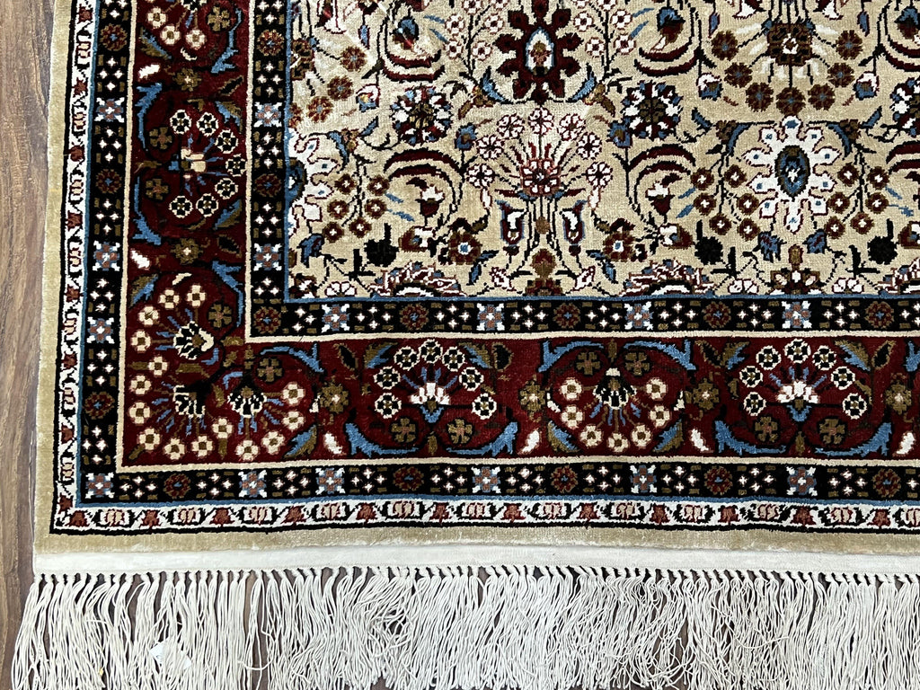 Fine Sino-Persian Silk Rug 3x5, High Quality Silk Carpet, Handmade Small Silk Rug, Allover Repeated Motif, Tan Maroon Blue Vintage Silk Rug