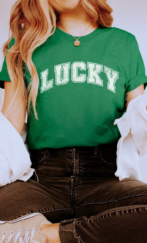 Distressed Varsity Lucky St Patricks Graphic Tee T-Shirt
