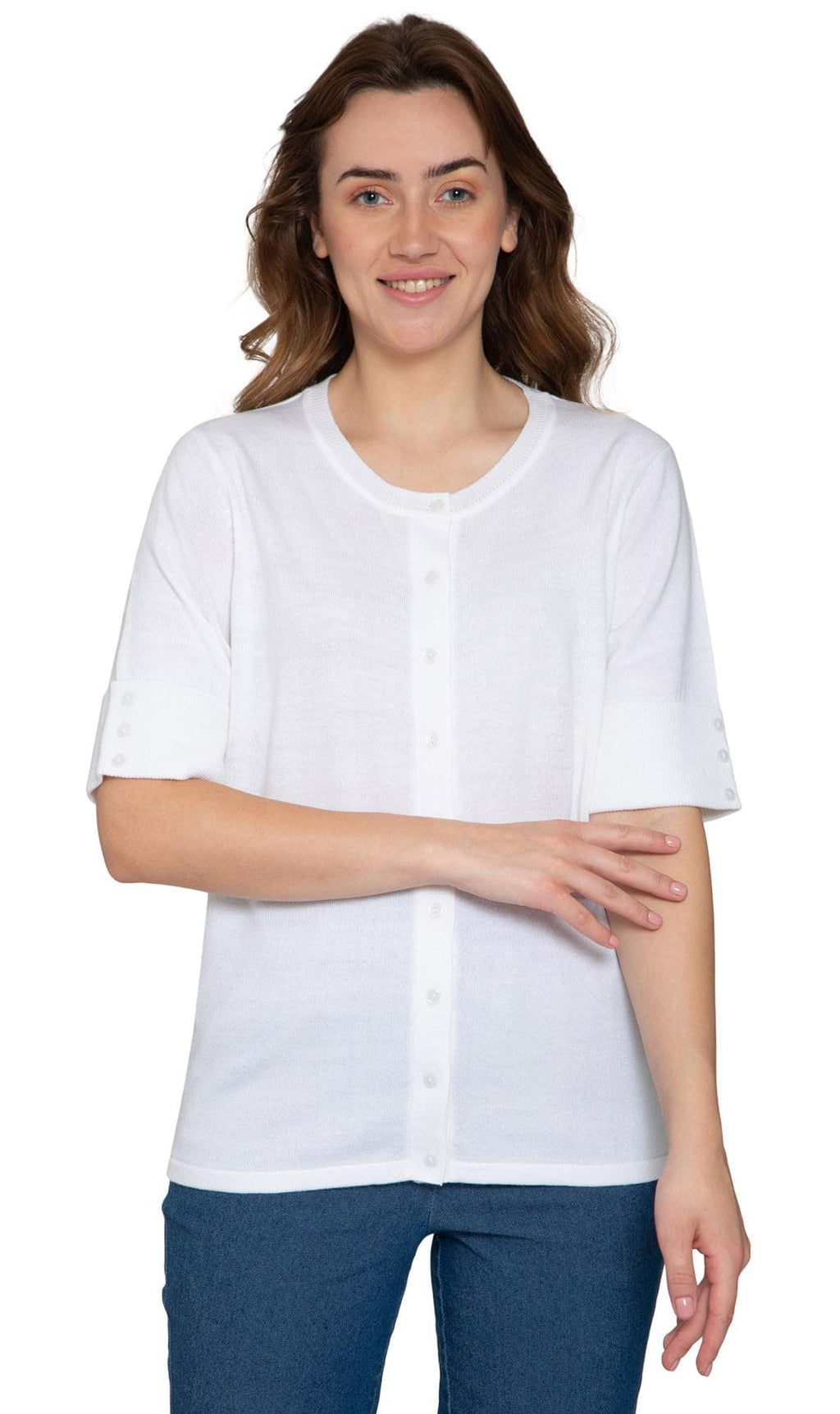 Women's Button Front Cardigan with a Unique Elbow Cuff Style