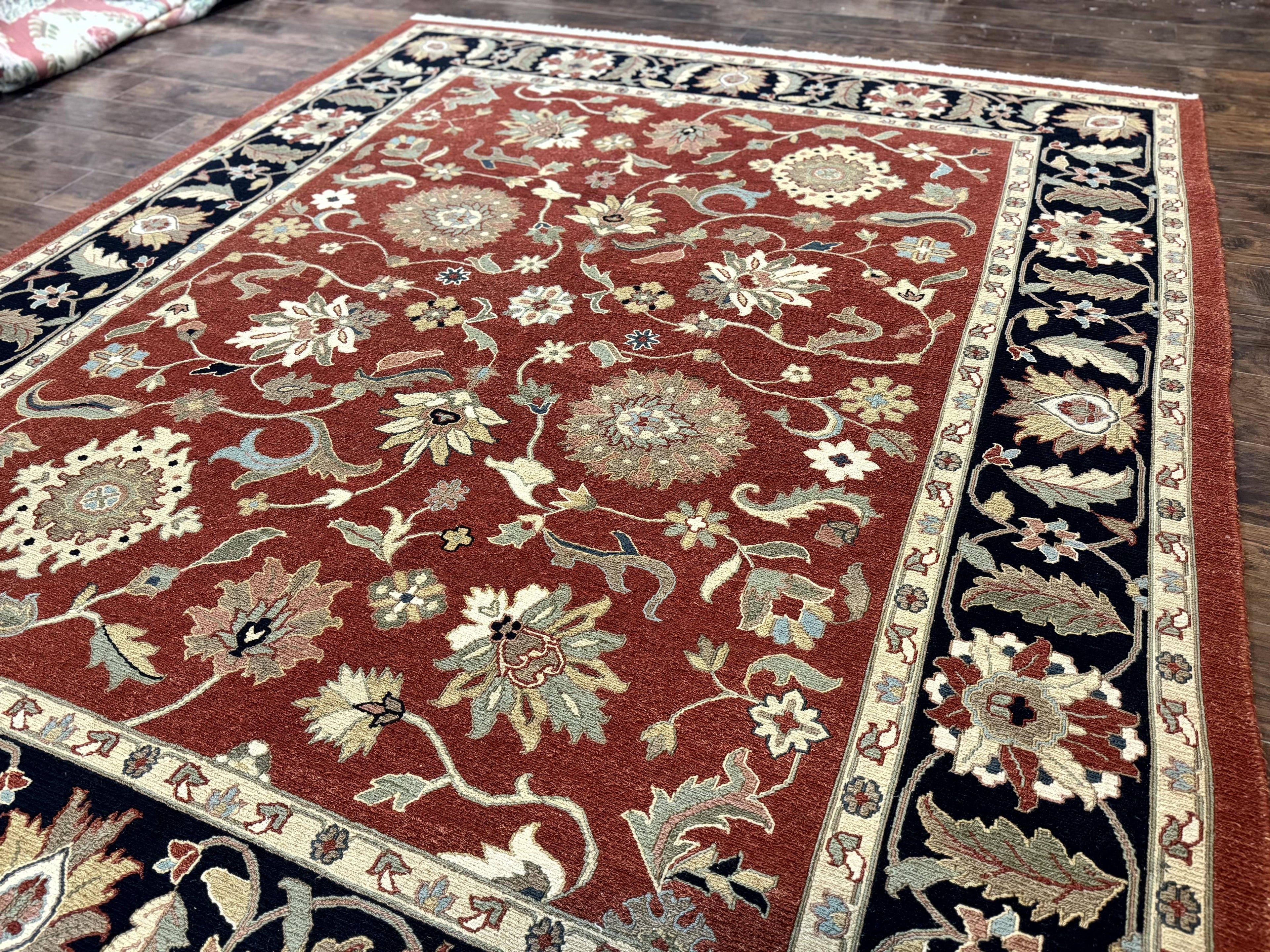 Indian Mahal Rug 8x10, Room Sized Wool Handmade Vintage Carpet, Red and Black, Floral, Flatweave Mahal Sultanabad Rug