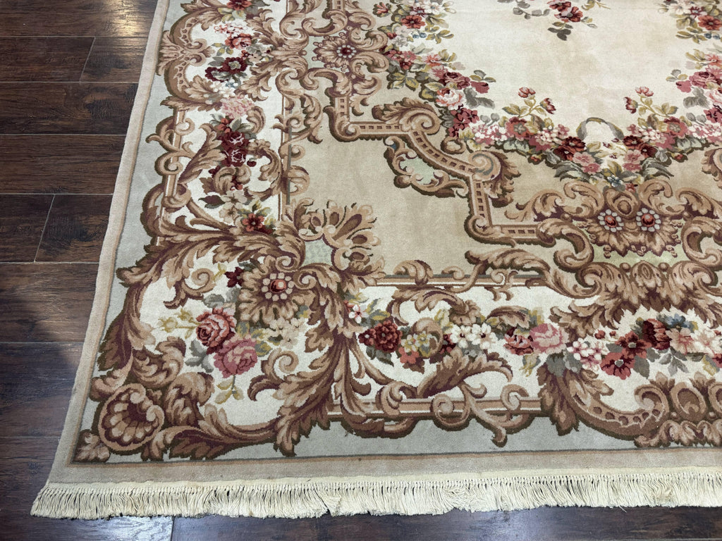 Aubusson Rug 8x12, European French Savonnerie Design, Thick Wool Pile, Elegant Rug, Cream Beige Light Green