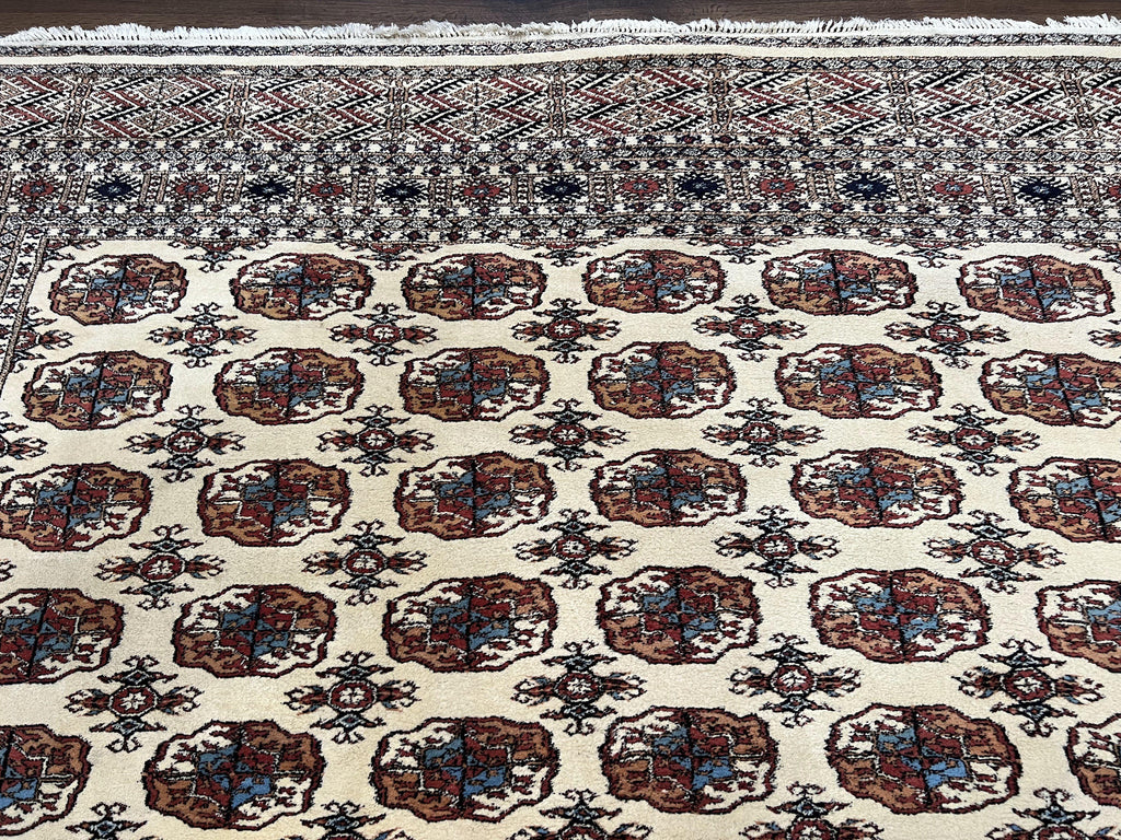 Pakistani Bokhara Rug 8x10, Wool Turkoman Carpet, Ivory/Cream